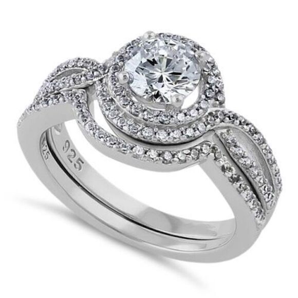 Sterling Silver Halo Diamond Simulate Wedding Set Ring New - Picture 1 of 4